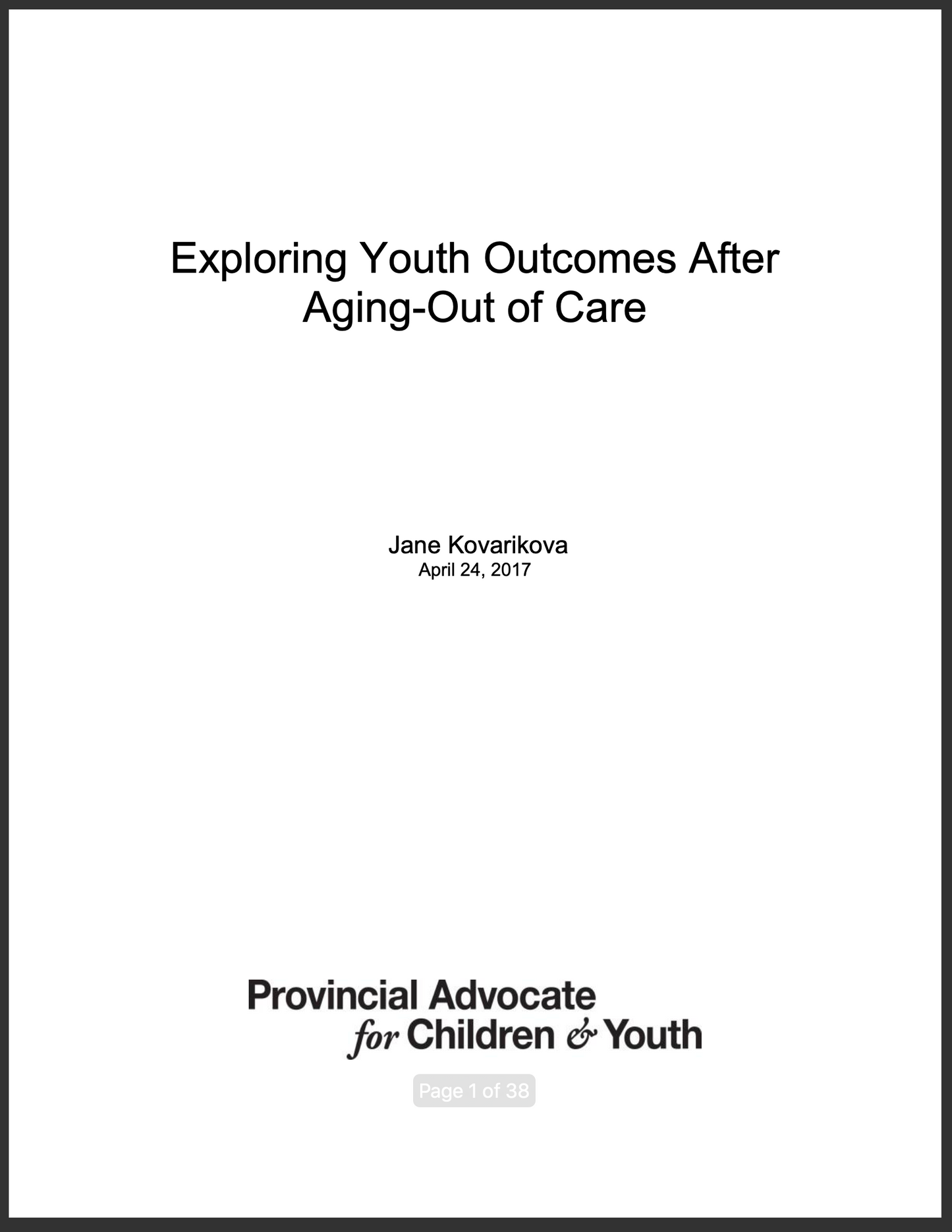 Exploring Youth Outcomes - Aging Out of Care - Jane Kovarikova