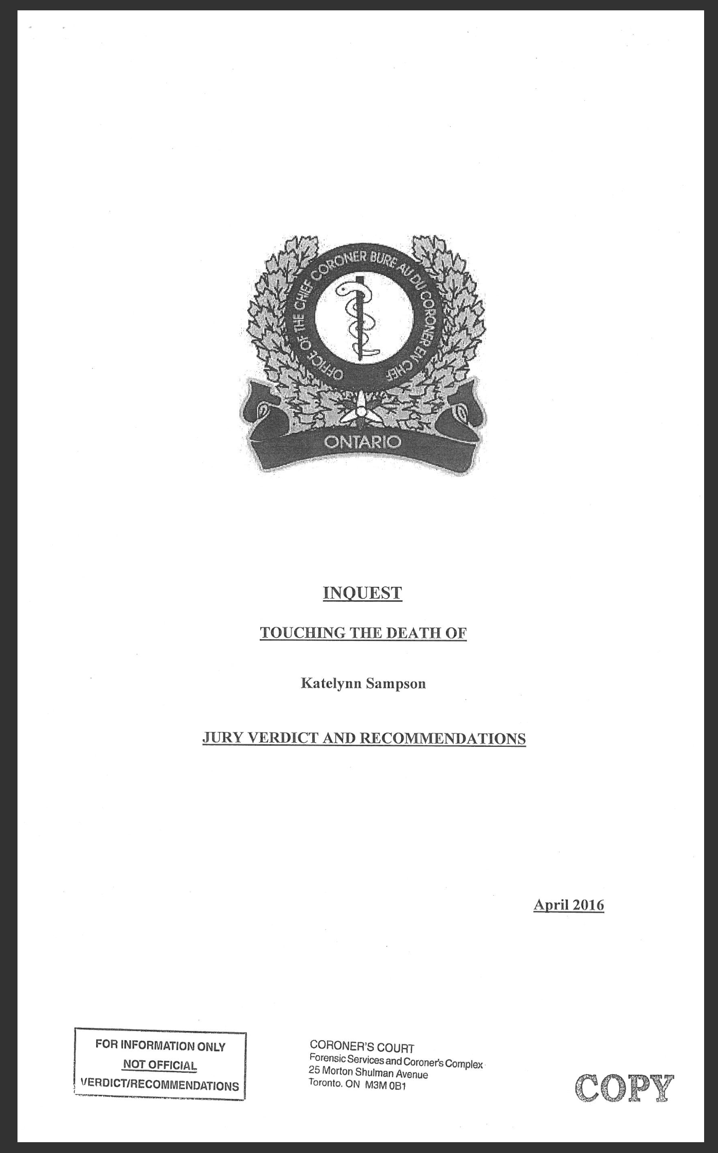 Advocacy Report - Inquest, Jury Verdict and Recommendation of Katelyn Sampson