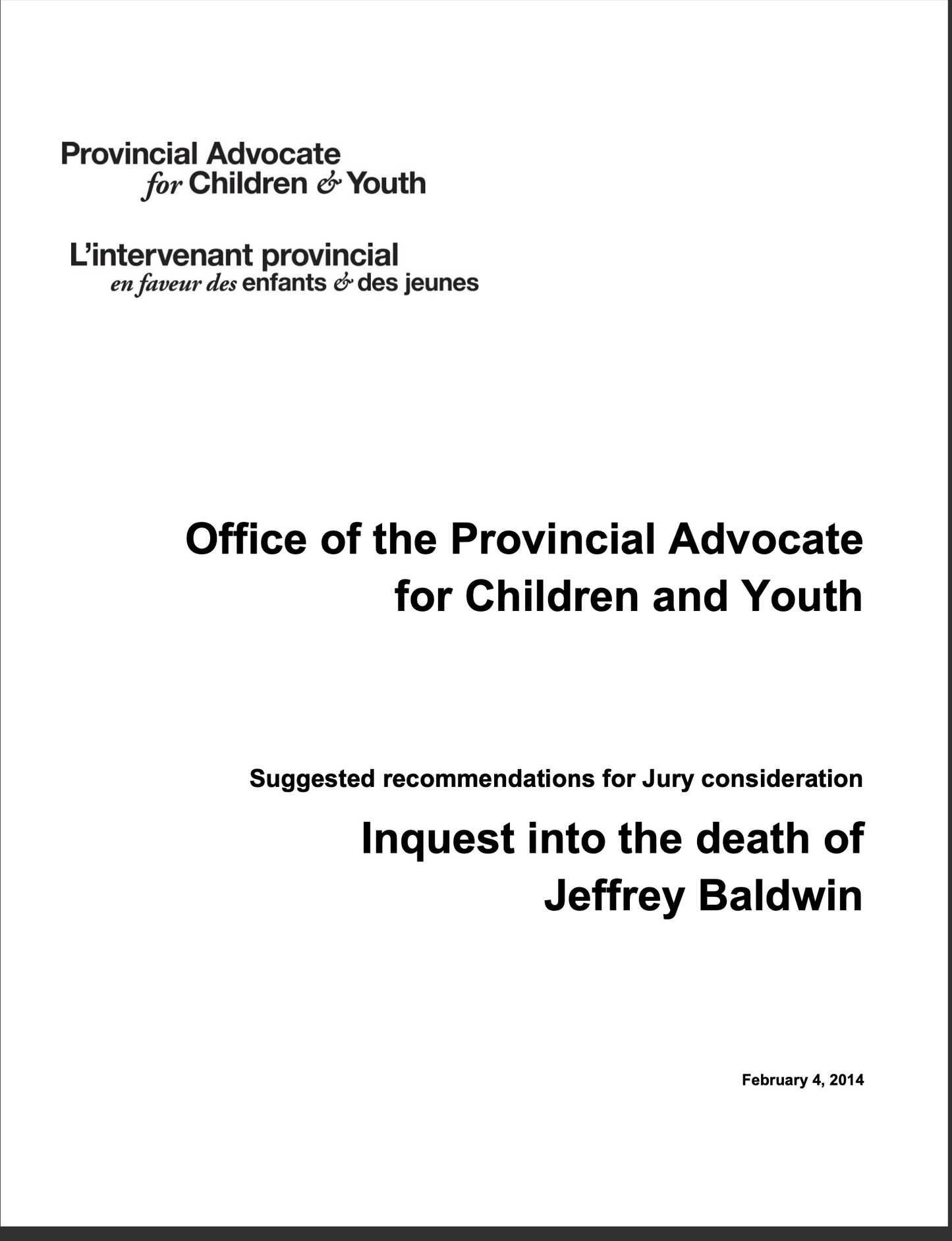 Advocacy Report - Inquest into the Death of Jeffrey Baldwin