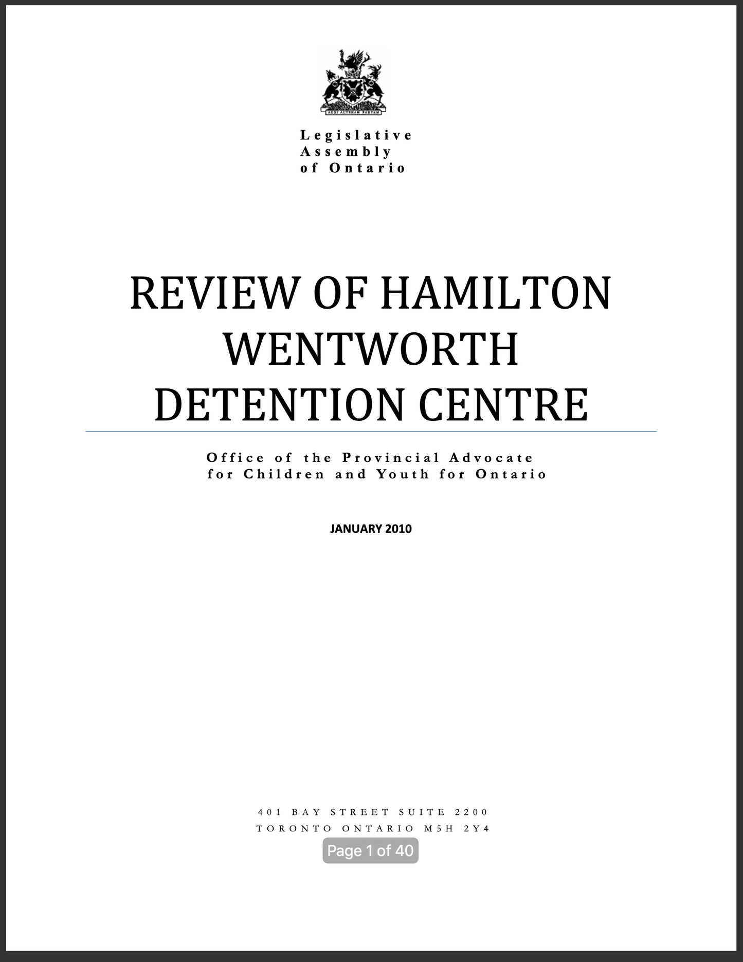 Review of Hamilton Wentworth Detention Centre